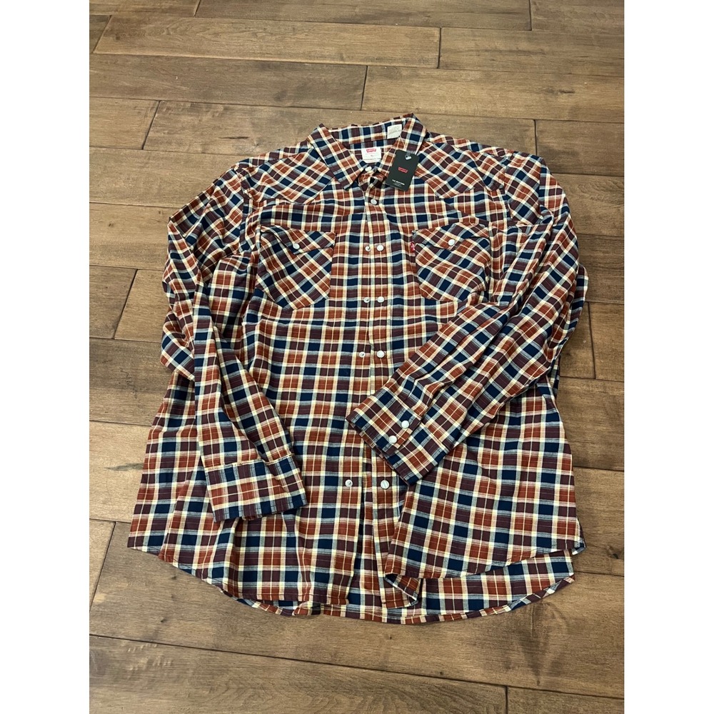 Levis Mens The Western Standard Fit Plaid Snap Button Shirt XL Burgundy Navy - Picture 2 of 7